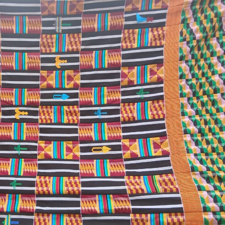 Cyan Pattern Block Strip-Woven Ewe Kente with Solid Accents - Authentic African Textiles ...